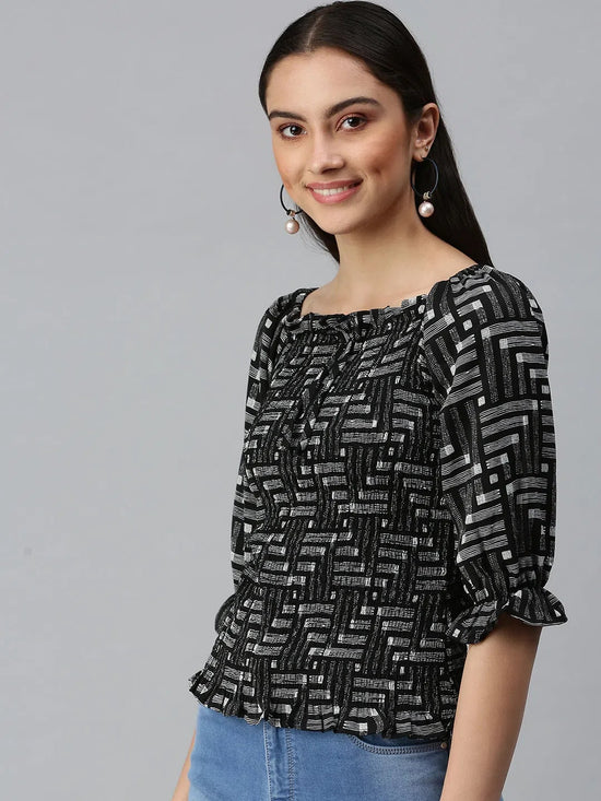 Women's Printed Black Top-AE-10275-Blackwhite