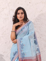 Baby Blue Cotton Soft Saree With Temple Border And Woven Designs-MA54BCT04660058