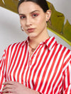 Women Red & White Satin Striped Shirt