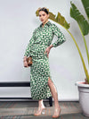 Women Green Satin Geometrical Shirt With Ruched Skirt