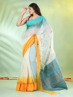 Off White Cotton Ikat Saree With Ganga Jamuna Border-MA66BCT431380076