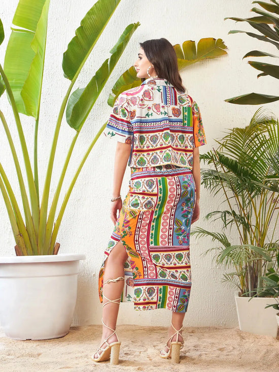 Women Multi Patch Crop Shirt With Side Ruched Maxi Skirt