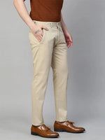 Genips Men's Cotton Stretch Caribbean Slim Fit Solid Cream Colour Trousers