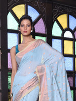 Sky Blue Cotton Saree With Zari Borders-MA64BCT401190046