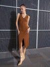 Women Brown Rib Front Zipper Bodycon Midi Dress