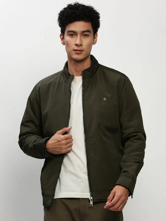 Men Green Solid Casual Bomber Jackets-ZD-3202-Olive