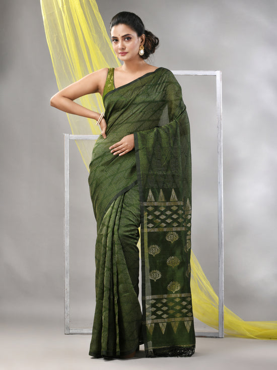 Sap Green Silk Matka Soft Saree With Stripes Pattern-MA57SLMT331760028