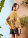 Women Yellow Floral Front Button Frill Peplum Top