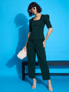 Women Emerald Square Neck Puff Sleeve Top With Tapered Pants