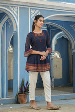 Indigo Geometric Printed Georgette Peplum Tunic With Tassels