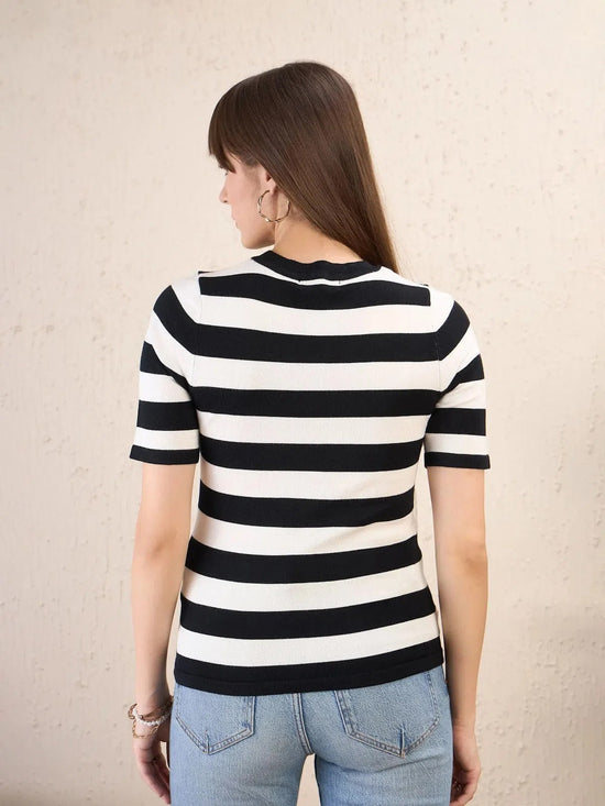 Women Black & White Striped Acrylic Top