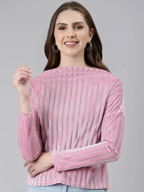 Boat Neck Embellished Pink Regular Top-AE-10685-Pink