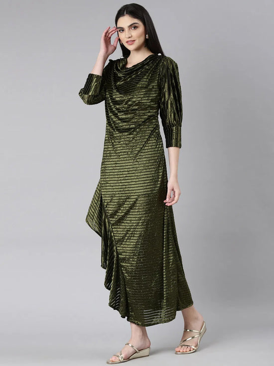 Women Olive Striped Gown Dress-8I-10008-Olive