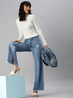 Women's Blue Solid Wide Leg Denim Jeans-GZ-5073A-Blue