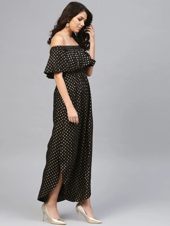 Off shoulder Flare yoke and U hem maxi dress in Black-TP0432RP10_S