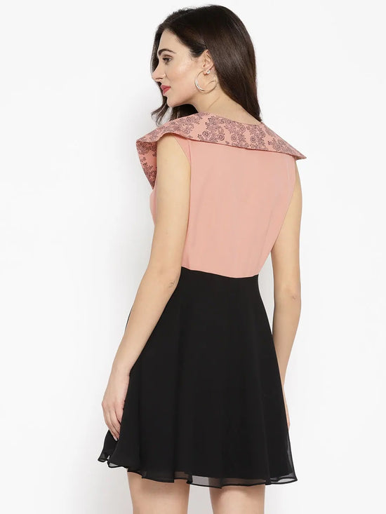 Broad collar with block print Skater Dress in Dusty Pink