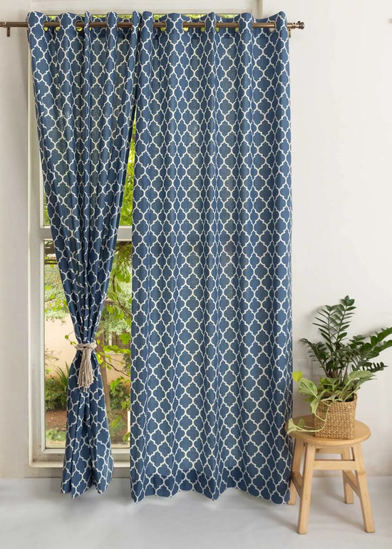 Reverse Trellis 100% cotton geometric curtain for bed room - Room darkening - Royal Blue - Pack of 1-230423074