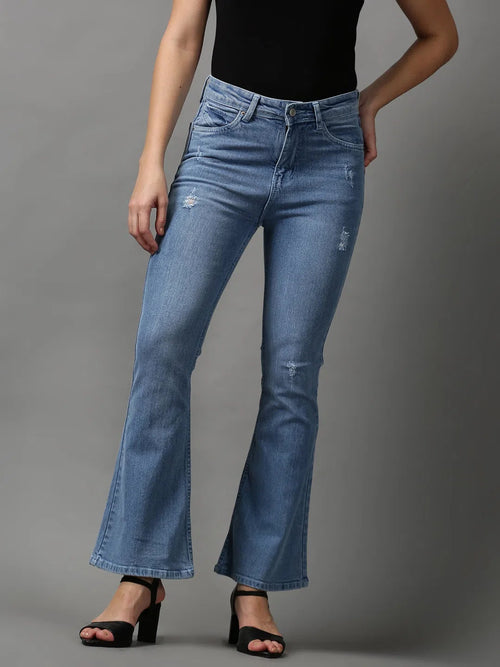 Women's Blue Solid Bootcut Denim Jeans-GZ-5244-2-Blue