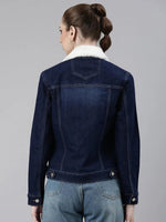 Women Navy Blue Solid Denim Jacket-LT-10538-Navyblue