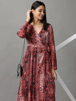 Women's Pink Printed Wrap Dress-ON-12-Rose