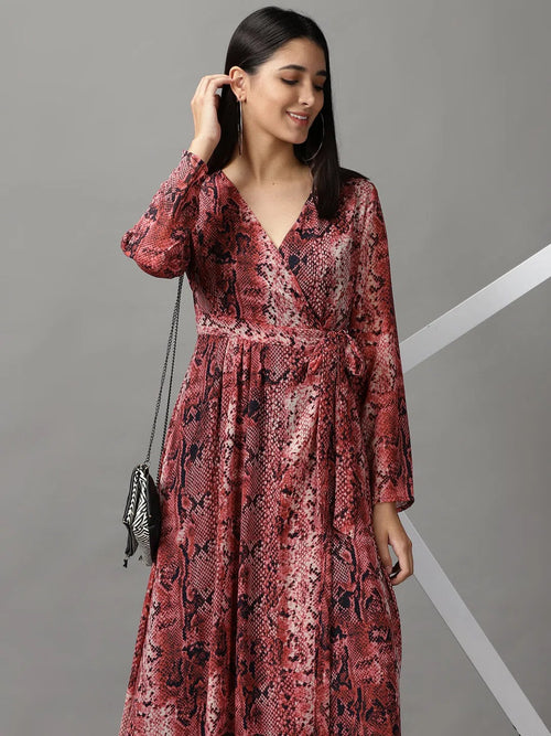 Women's Pink Printed Wrap Dress-ON-12-Rose