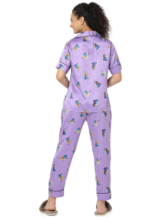 Smarty Pants Women's Silk Satin Lilac Color Minion Print Night Suit