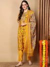 Ahika Women Yellow Silk Blend Printed Straight Kurta Pant Set With Dupatta