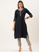 Women's Blue Solid Straight Kurta-DF-1191-Navyblue