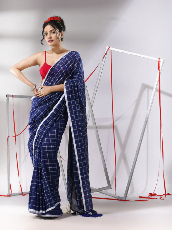 Blue Cotton Saree With Check Designs-MA55CT06520140