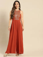 In cut pleated jumpsuit in Rust