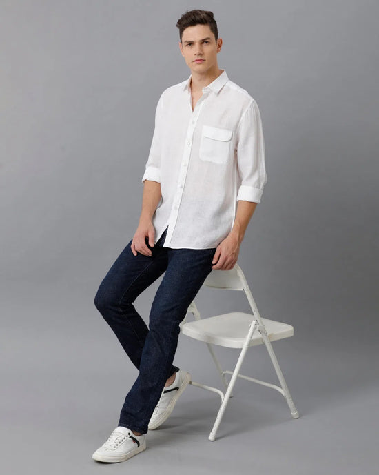 Mens Regular Fit Solid White Casual Linen Shirt-LINNO-S