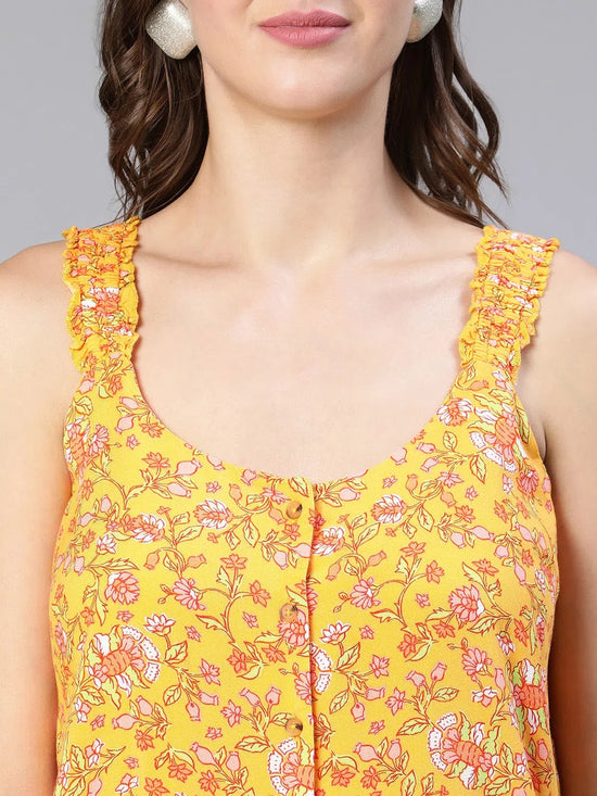 Women Yellow Floral Print Sleeveless Button -Down Top