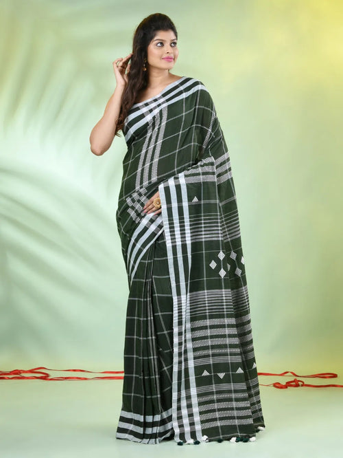 Moss Green Cotton Soft Saree With Checkbox Designs-MA62CT331100057