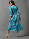 Women's Blue Printed Fit and Flare Dress-AE-15619-Turquoiseblue