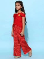 Tales & Stories Girls Red Rayon Striped Top With Palazzo