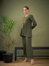 Women Olive Embroidered Peplum Top With Palazzos