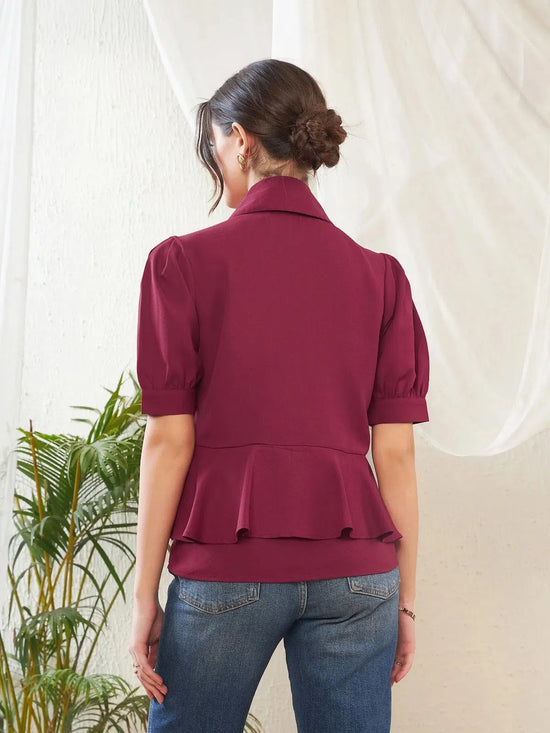 Women Maroon Frill Detail Shirt Style Blouse