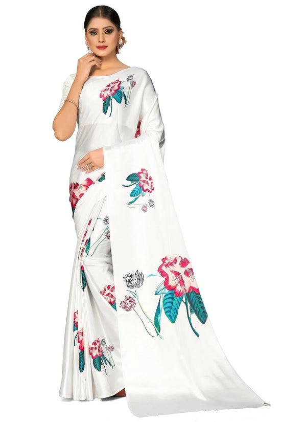 Avanshee Women's Latest Floral Printed Satin Saree With Unstiched Blouse-8002-WHITE