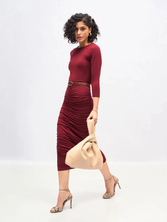 Women Maroon Ruched Bodycon Midi Dress