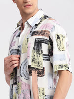 Men Spread Collar Typography Off White Casual Shirt-ZEPTO-2225-Offwhite