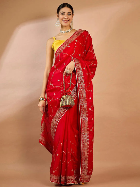 Saree Mall Women's Organza Red Embellished Designer Saree With Blouse Piece-SRENIK2097C