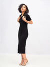 Women Black Knitted Front Button Bodycon Midi Dress