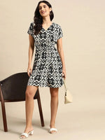 Overlap printed kimono sleeve short dress in Black and Cream Ikkat Print