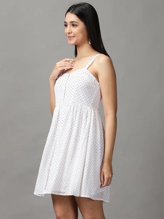 Women's White Polka Dots Fit and Flare Dress-AE-15735-Offwhite