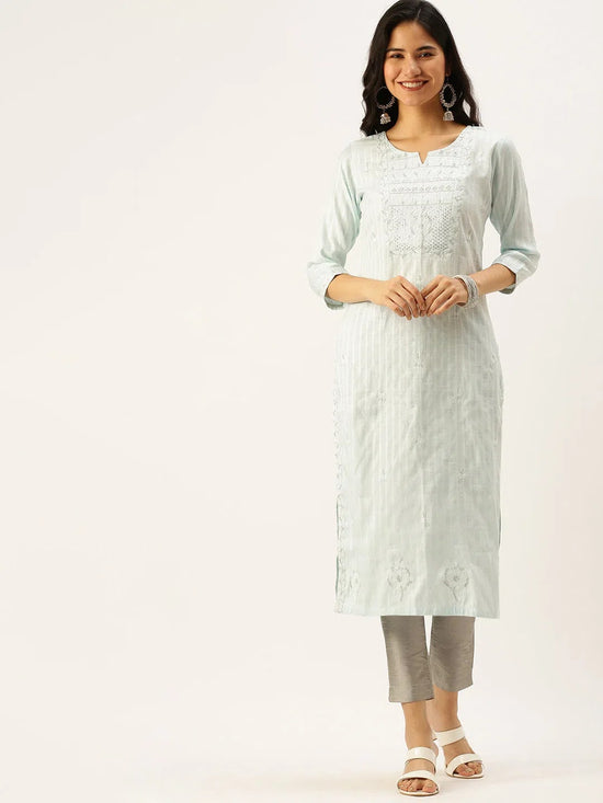 Women's Blue Striped Straight Kurtas-AT-A309-K-Blue