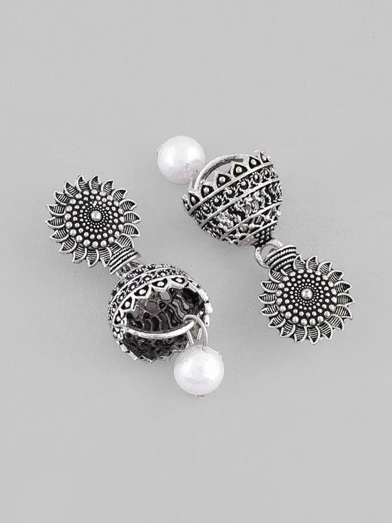 White Bead Studded Circular Oxidised Silver Plated Contemporary Jhumka-VOJ103