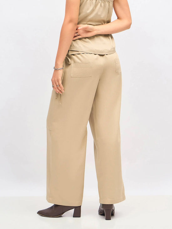 Women Beige Twill Waist Drawstring Cargo Pants