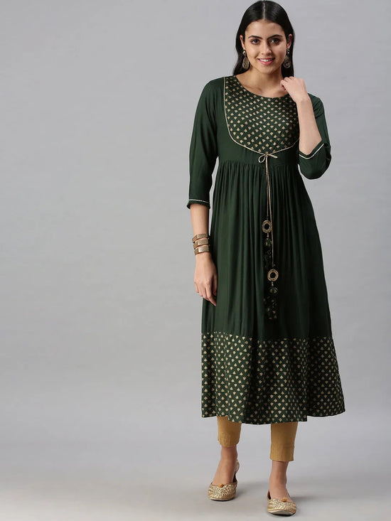 Women's Green Printed Anarkali Kurta-JC20-Green