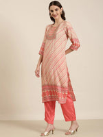 Women Beige Striped Kurta Set-GW-3738-Beige