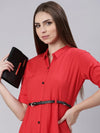 Women Red Solid Shirt Dress-DF-1439-Red